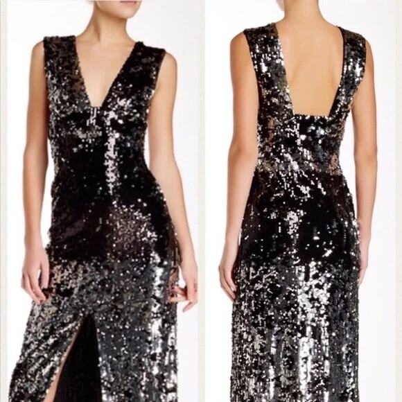 MSRP $595 NWT Rachel Zoe Sequined Black and Silver Fitted Maxi Size 3 QUICK SHIP - Picture 1 of 8